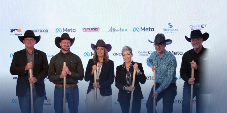 Premier Danielle Smith and partners at the Meta data centre groundbreaking, July 8, 2026